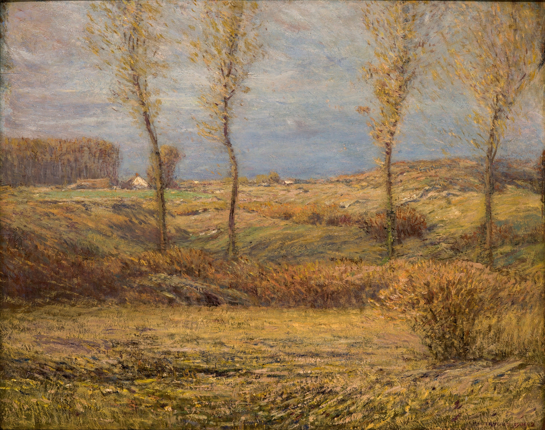 November Morning by Dwight William Tryon, oil painting depicting soft light filtering through trees.