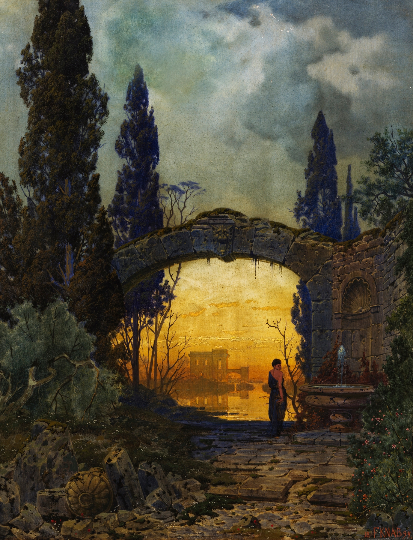 Arcadian landscape by Ferdinand Knab, oil on canvas depicting a tranquil forest scene.