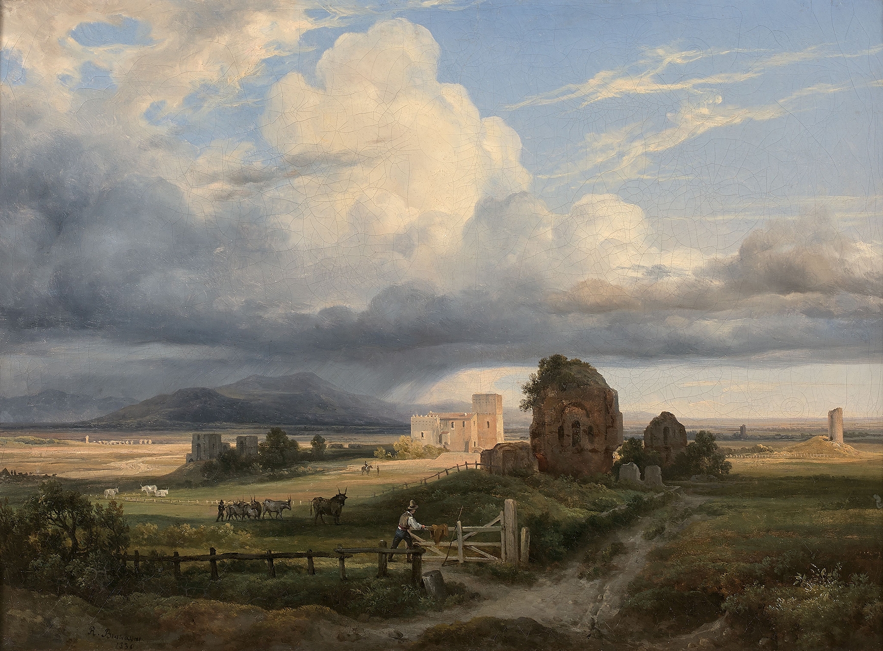 Shepherd with sheep in the Italian countryside, oil painting by Jacques-Raymond Brascassat