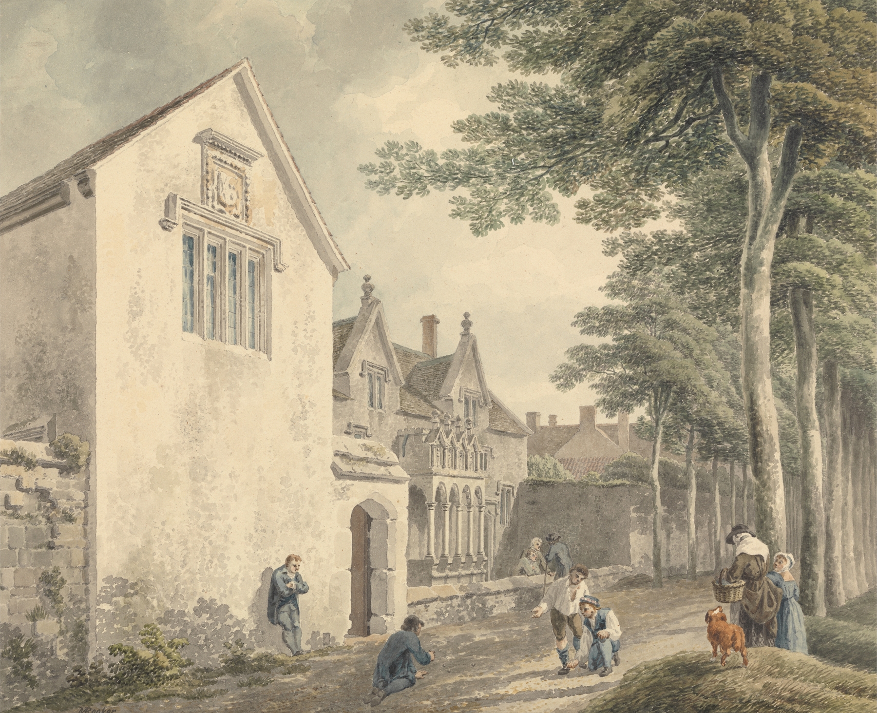 Almshouses in St. Cuthbert’s Churchyard, Wells, by Michael Angelo Rooker, public domain