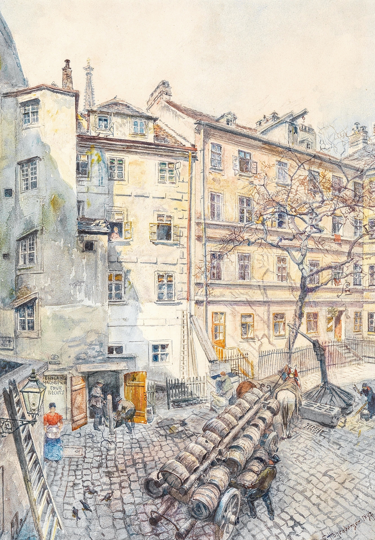Interior scene with beer barrels in a backyard, oil painting by Franz Hohenberger