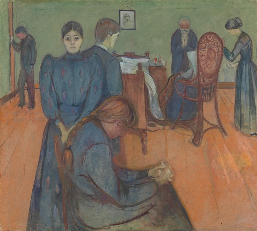 Edvard Munch's *Death in the Sickroom* depicts a somber scene of a dying figure surrounded by mourners.