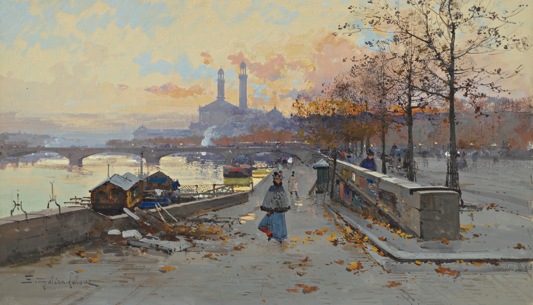 Au Quai by Eugène Galien-Laloue, oil on canvas depicting figures by the water at twilight