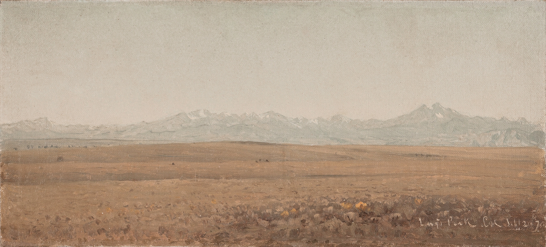 Longs Peak, Colorado by Sanford Robinson Gifford, oil painting depicting a mountain landscape at sunset.