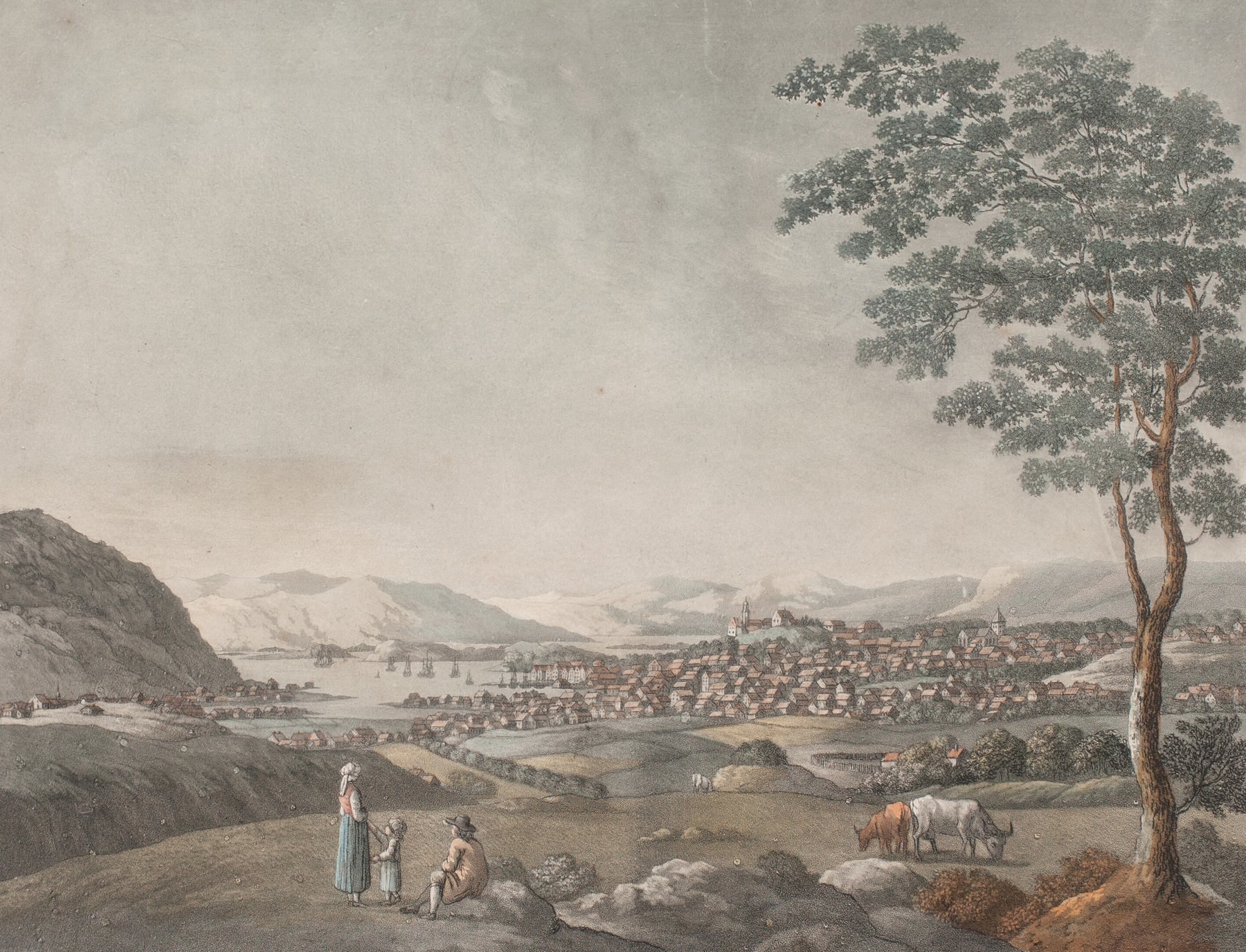 Landscape oil painting by Christian Heinrich Grosch depicting a tranquil village surrounded by hills.