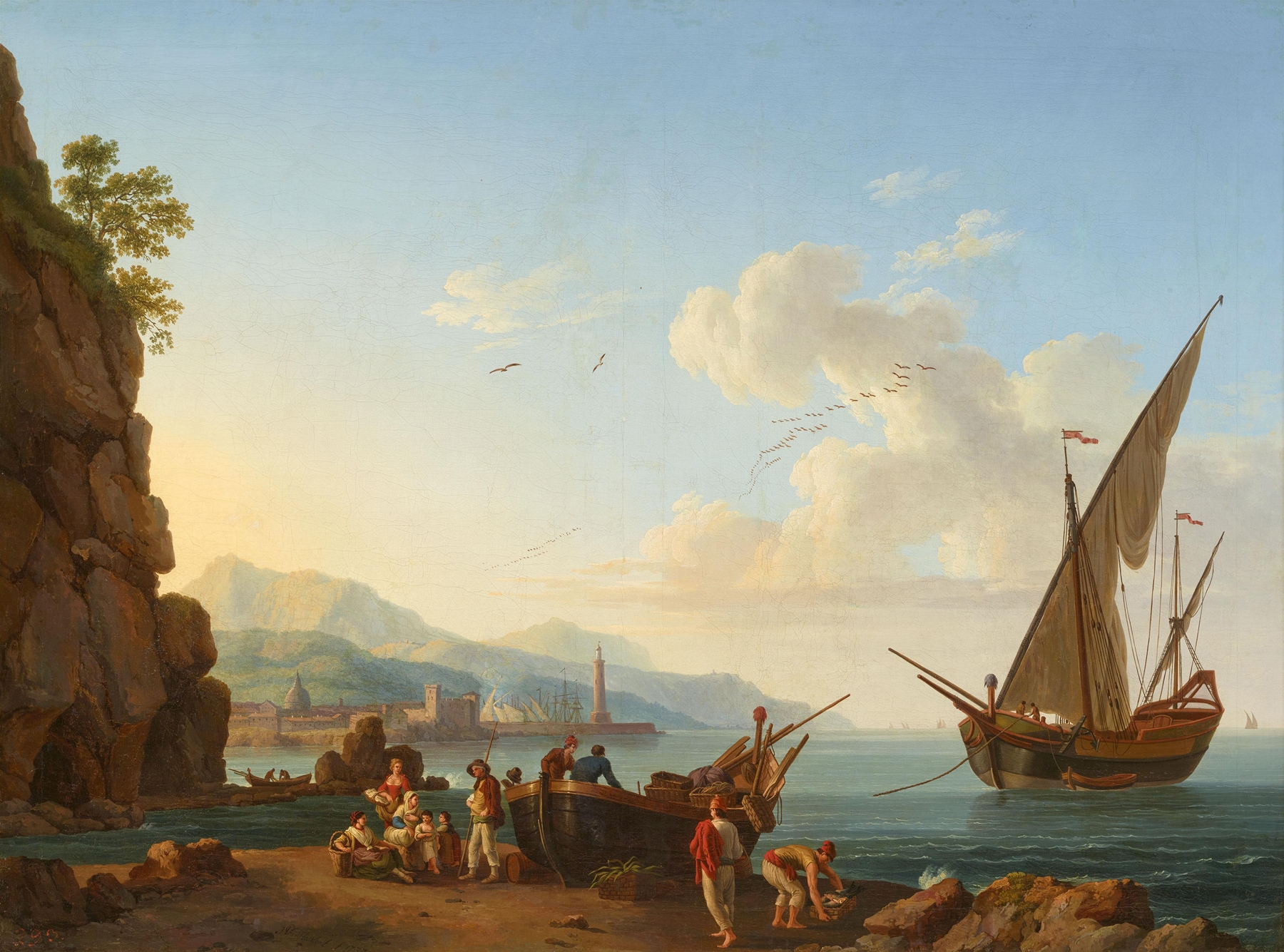 Fischer mit Boot am Strand, by Jacob Philipp Hackert, public domain