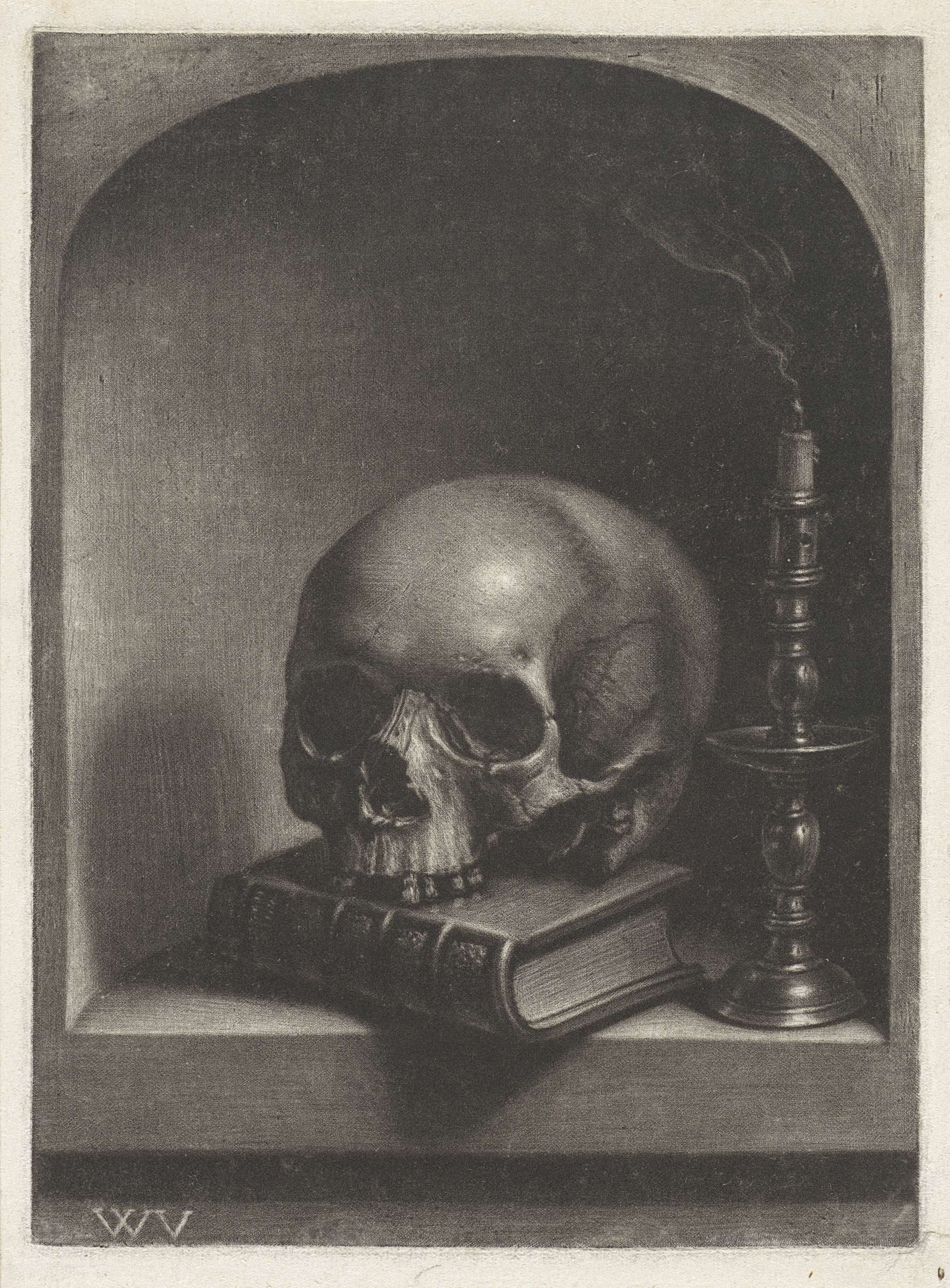 Still life with skull, tobacco pipe, and flowers by Wallerant Vaillant, paper