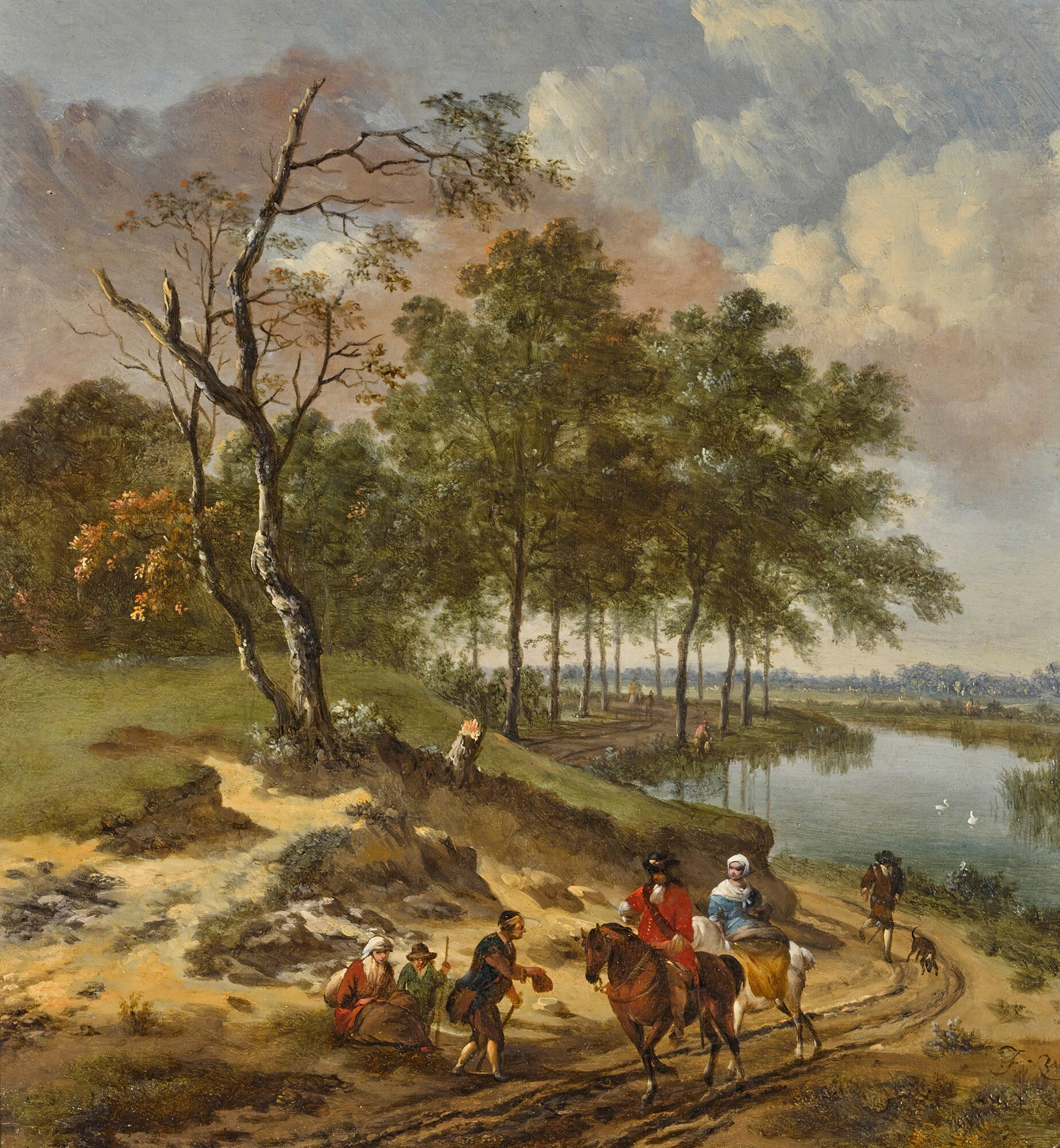 A river landscape with elegant travelers and a beggar in a dune landscape, by Jan Wijnants, public domain