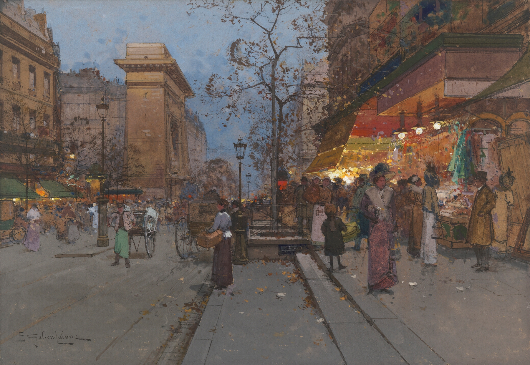 La Porte St Denis by Eugène Galien-Laloue, oil on canvas depicting a lively Parisian street.