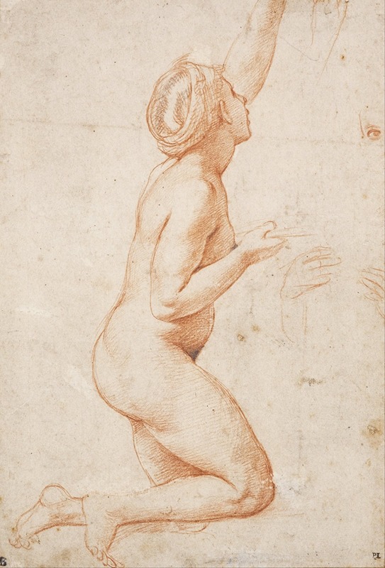 A kneeling nude woman with her left arm raised, painted by Raphael.