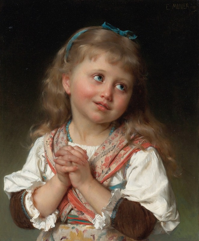 A captivating genre scene by Émile Munier depicting a young girl in a serene setting.