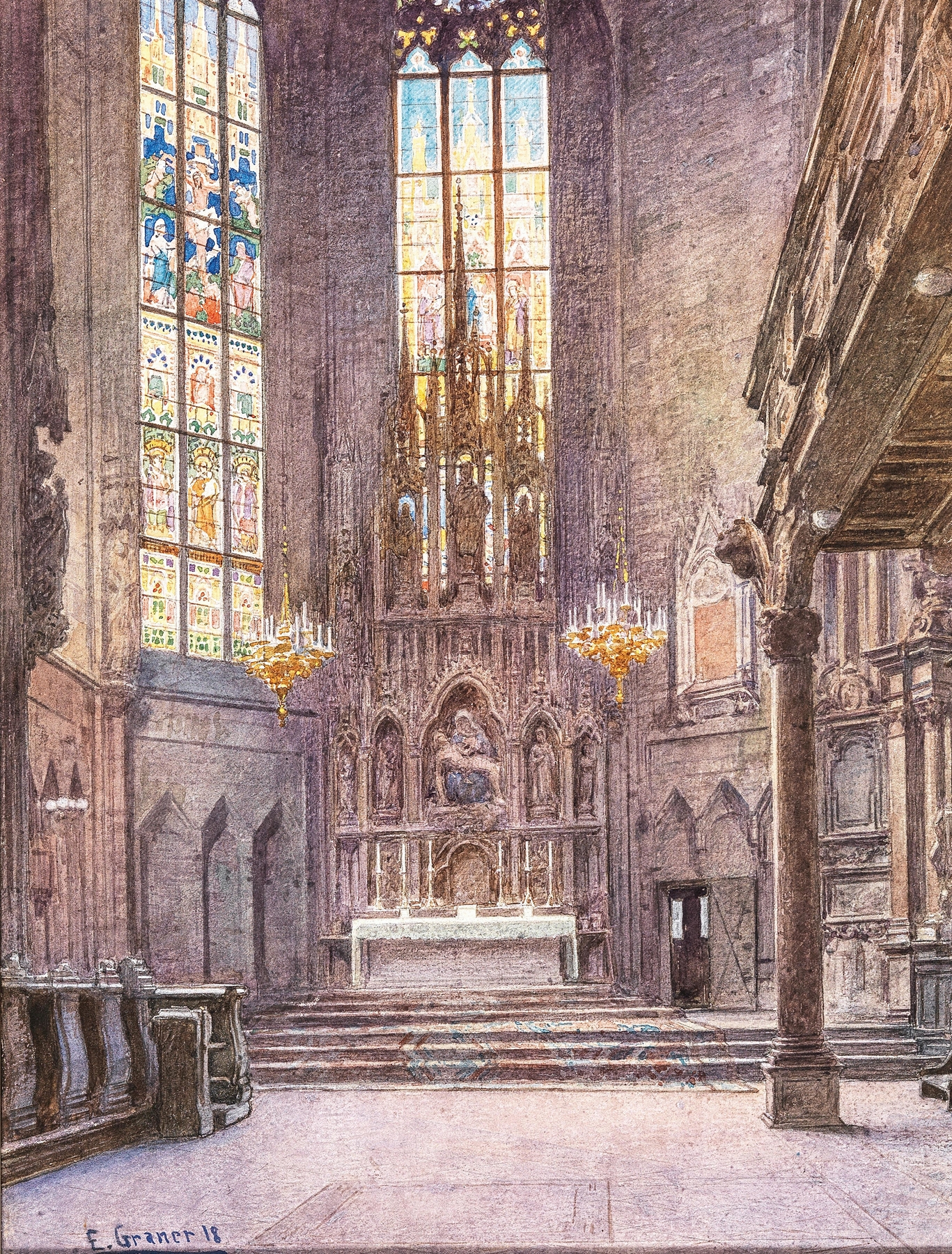 Interior of a cathedral with stained glass light, oil painting by Ernst Graner