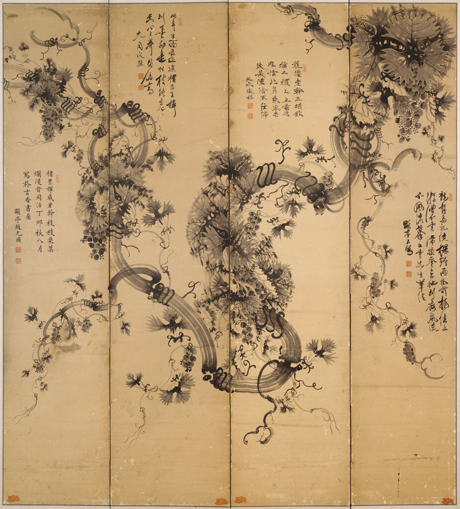A detailed ink drawing of a grapevine with intricate patterns.
