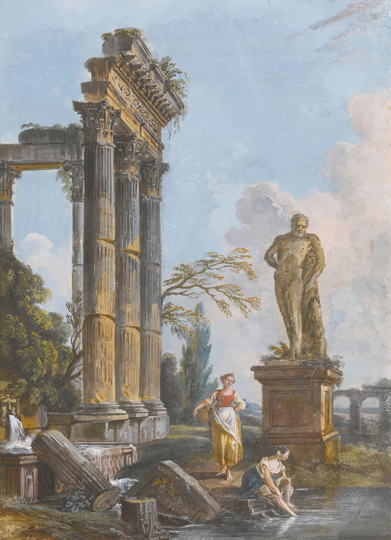 A View Of A Ruined Temple With Washerwomen, oil painting by Jean-Baptiste Lallemand
