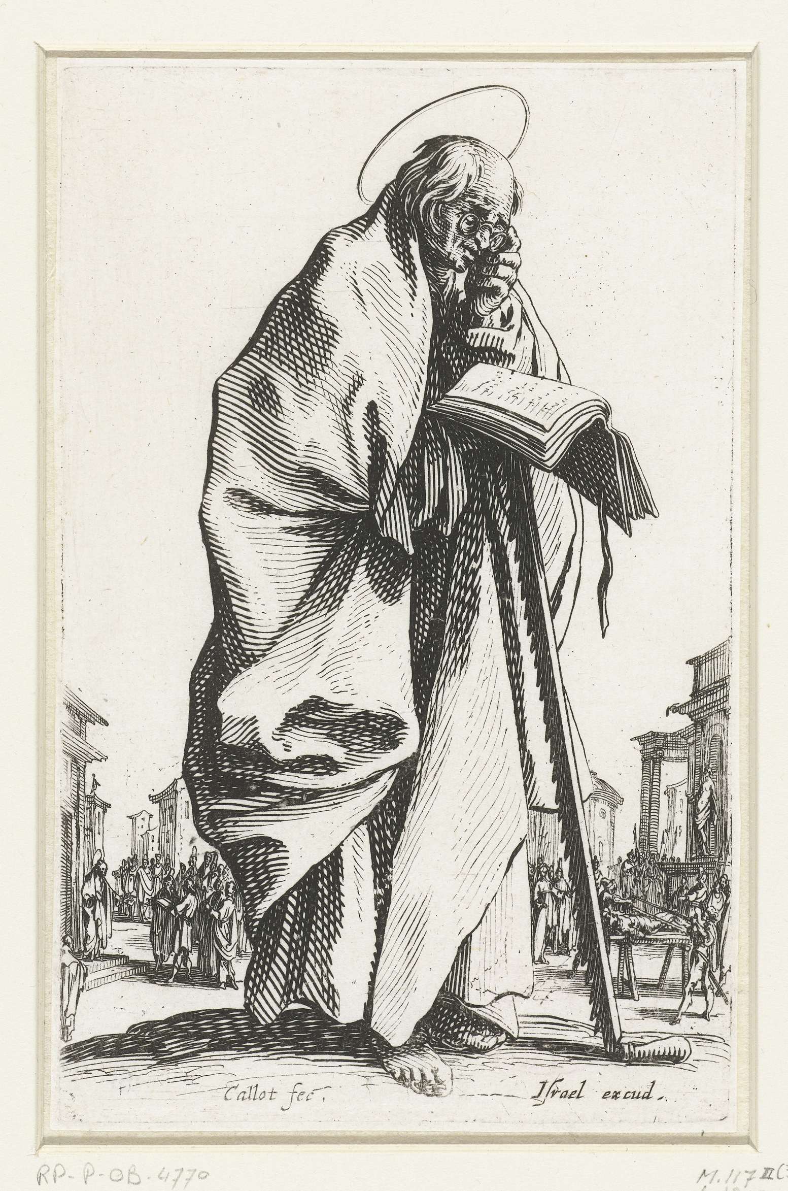 Apostel Simon by Jacques Callot, etching of a solitary man in deep reflection.