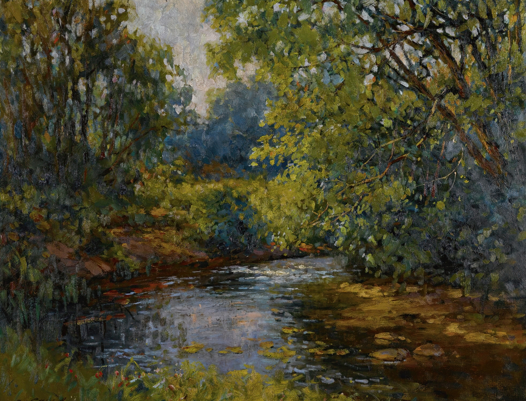 Stream In New England, oil on canvas by Constantin Westchiloff, depicting a flowing stream with reflections of light.