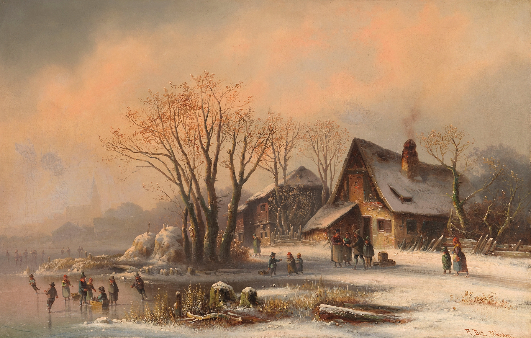 Genre scene depicting skaters on ice by Anton Doll, oil painting