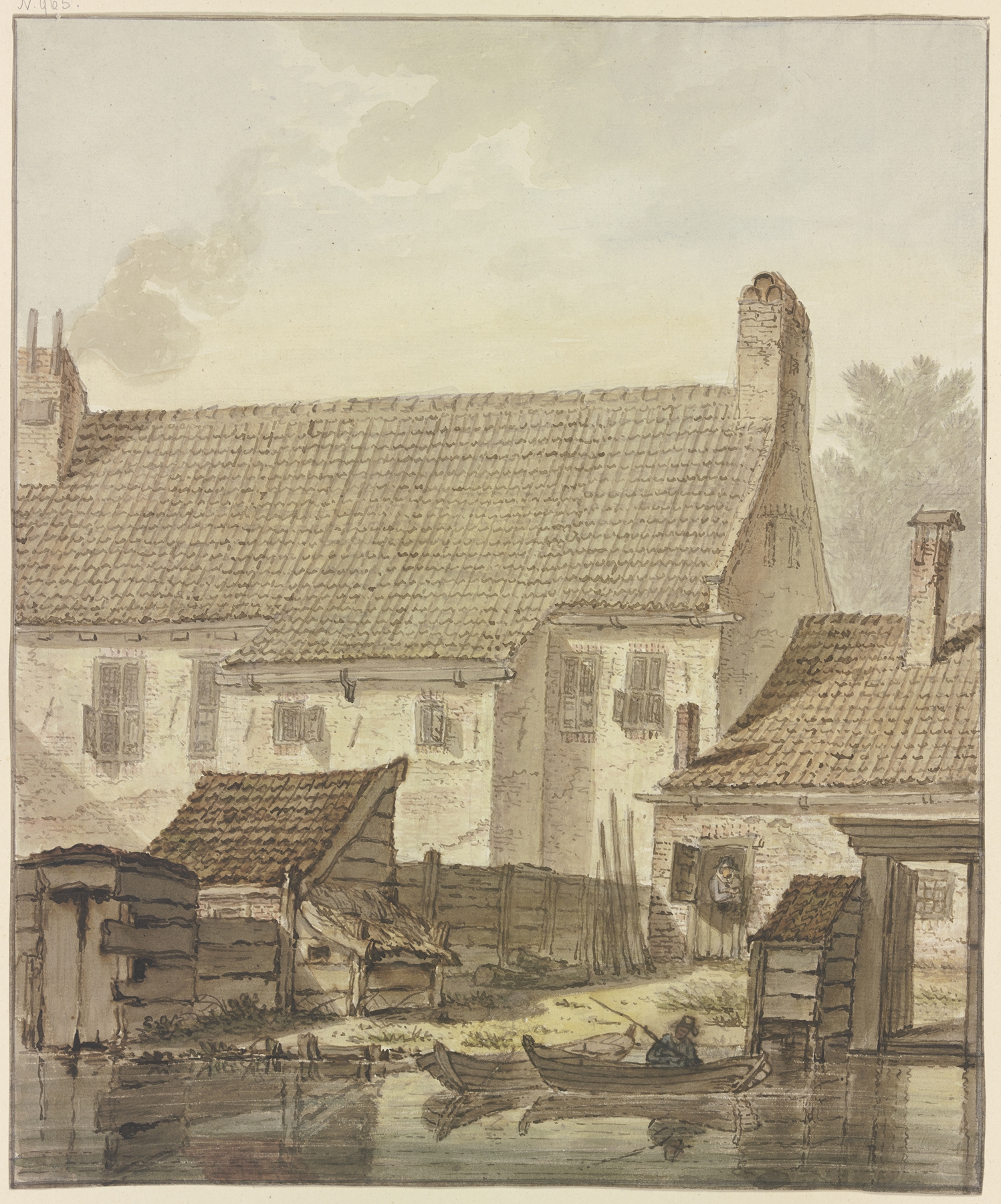 Häuserzeile am Wasser by Johannes Hendrik Knoop, oil on canvas depicting boats and houses by the water.