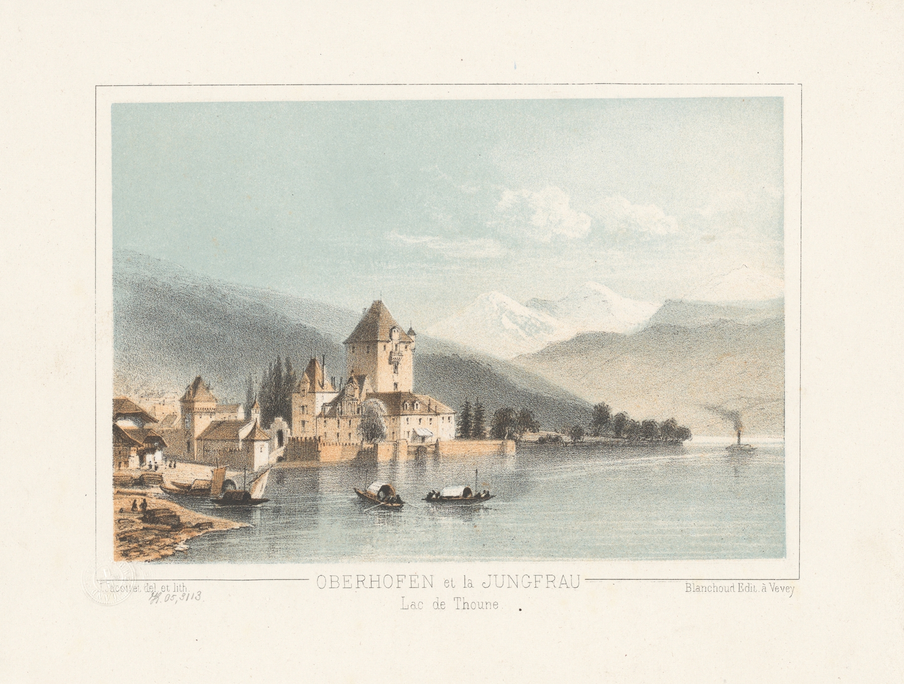 Oberhofen et la Jungfrau by Jean Jacottet, oil on canvas depicting serene lake and mountains.