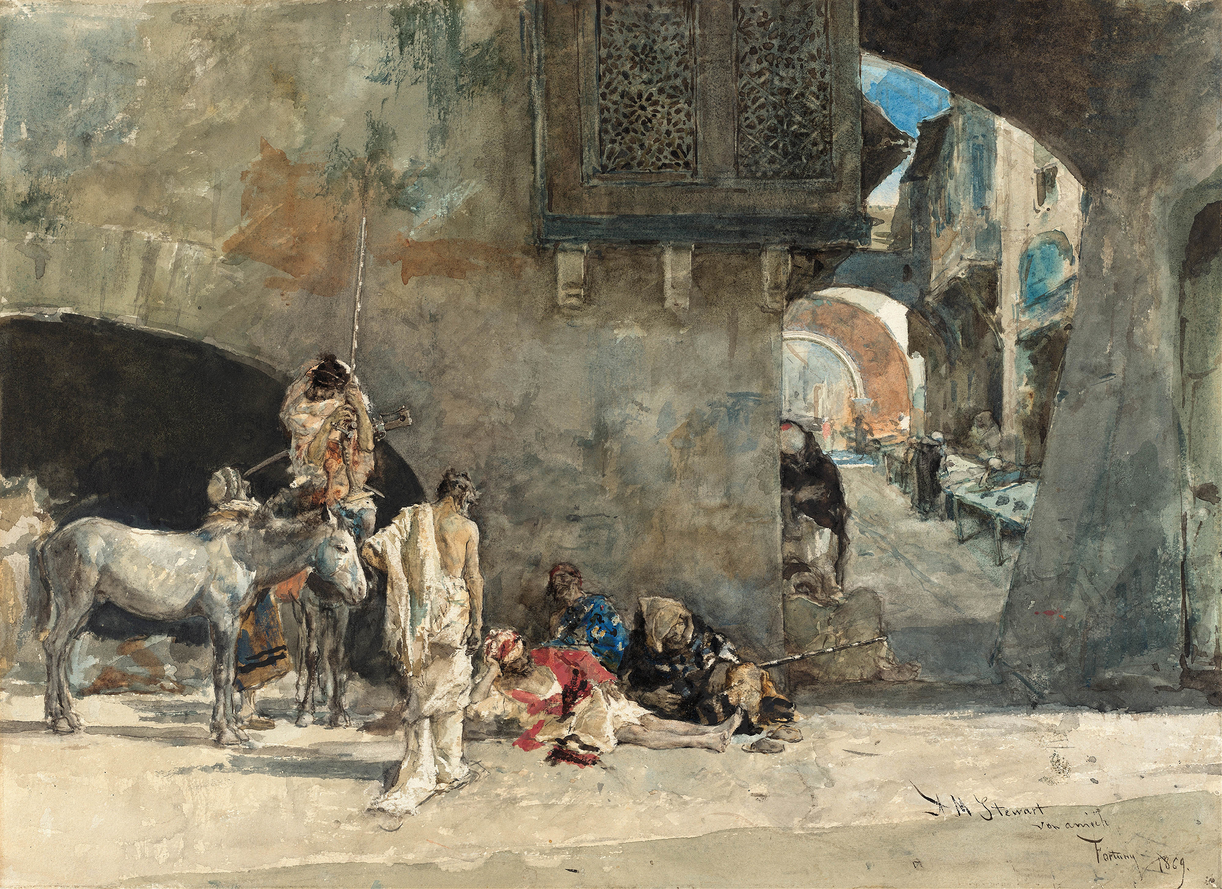 A Street in Tangiers, oil painting by Mariano Fortuny Marsal, depicting a sunlit street with terracotta walls.
