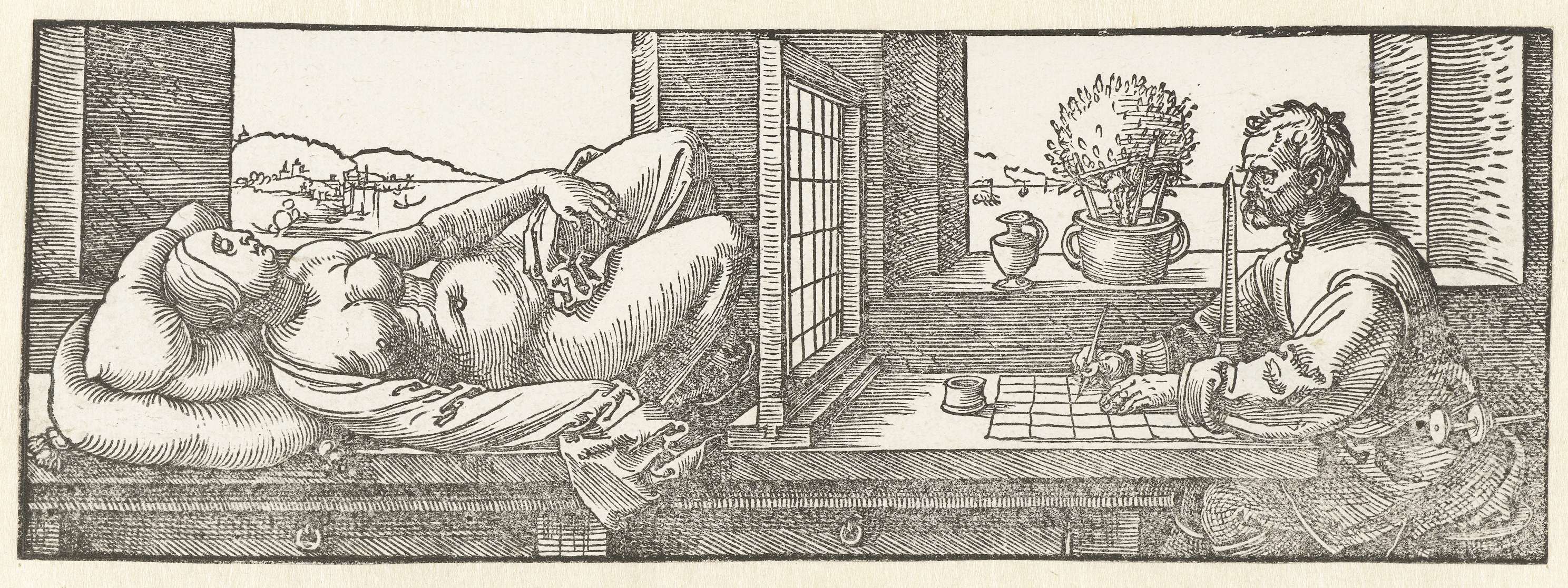 Drawing on paper by Albrecht Dürer depicting a woman being sketched by an artist