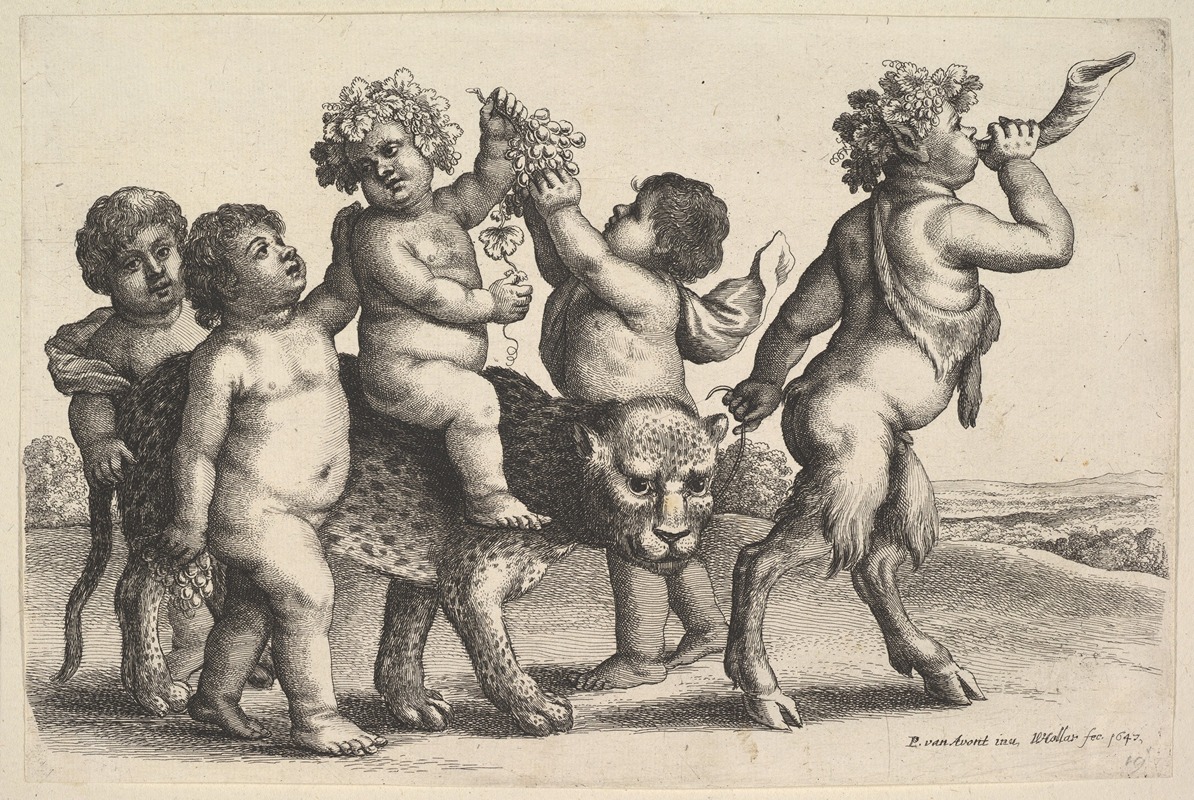 A painting depicting four boys, a young satyr, and a leopard.