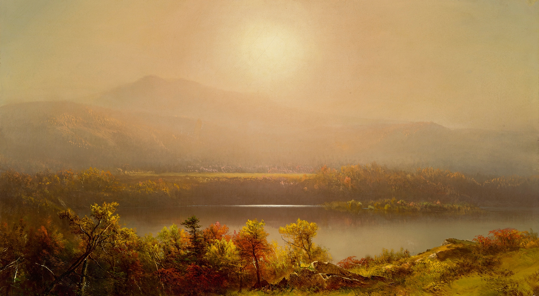 Adirondack Lake oil painting by Homer Dodge Martin, depicting a tranquil twilight landscape with trees and reflections.