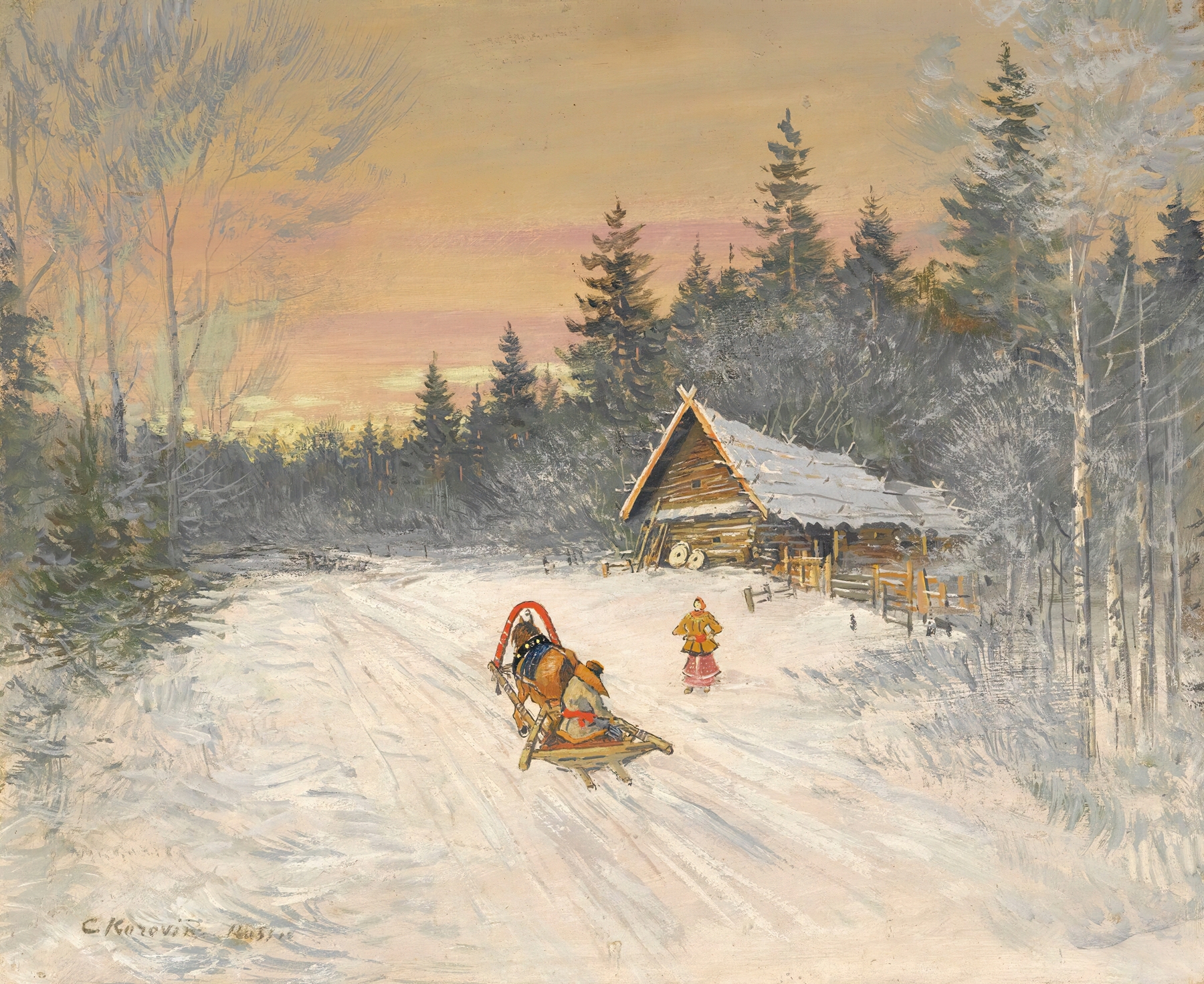 Russian village under snow, oil on canvas by Konstantin Alexeevich Korovin