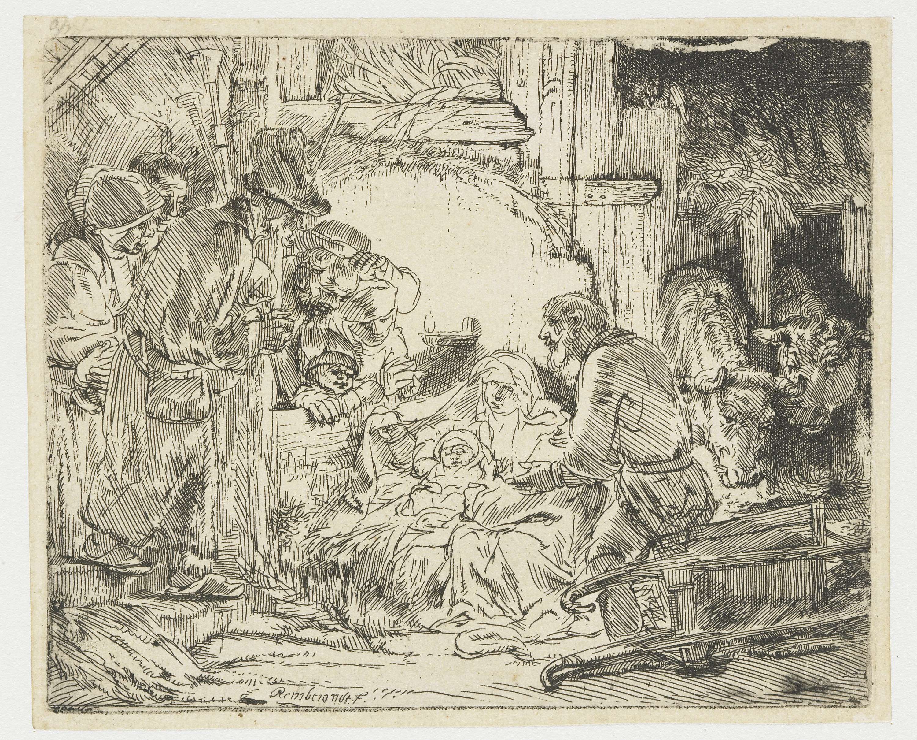 Etching by Rembrandt van Rijn showing shepherds in a stable illuminated by a lamp.