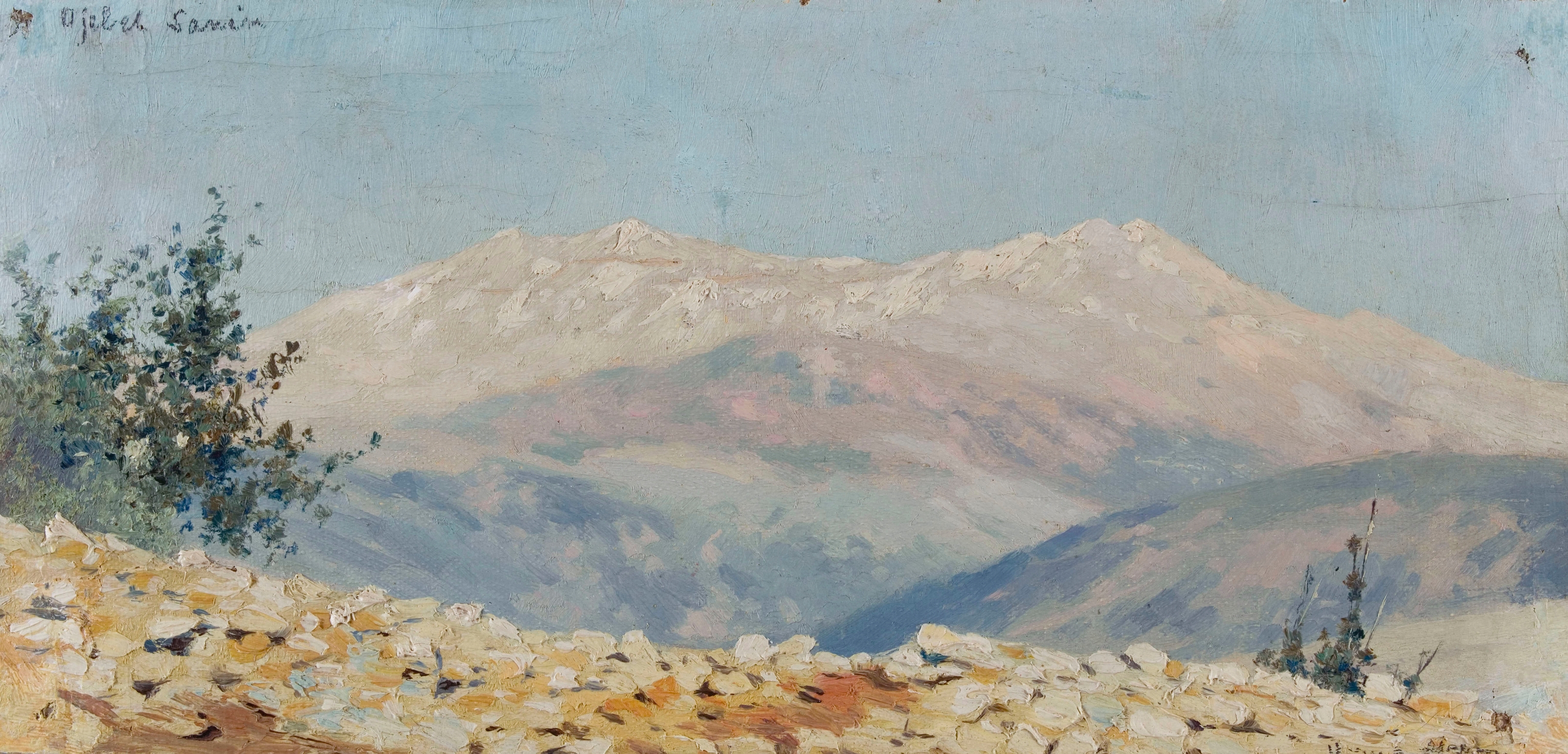 Landscape featuring mountains and sky in warm ochres and deep blues by Henry Brokman