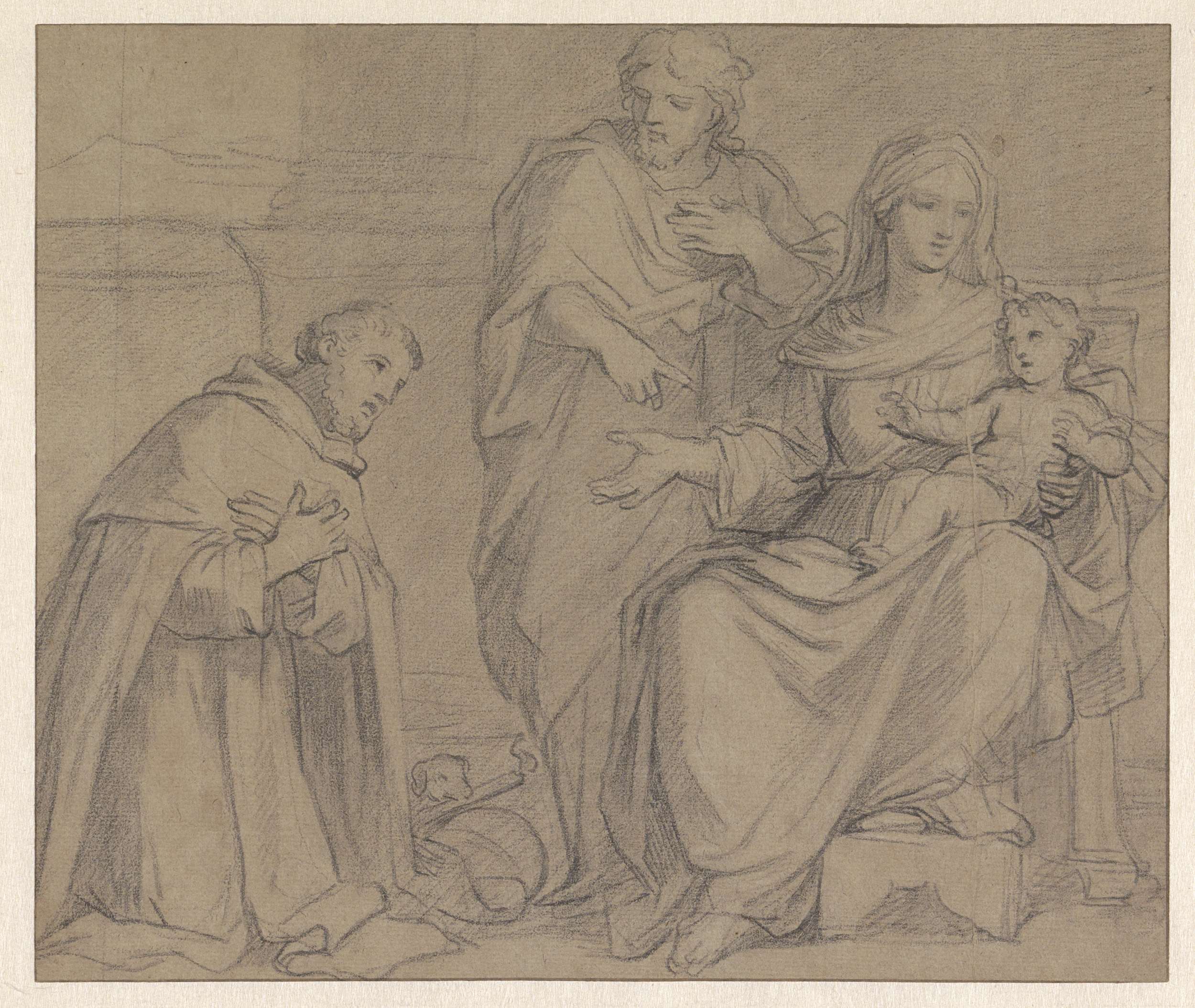 Religious scene by Charles Le Brun depicting the Holy Family with a monk and a dog, paper