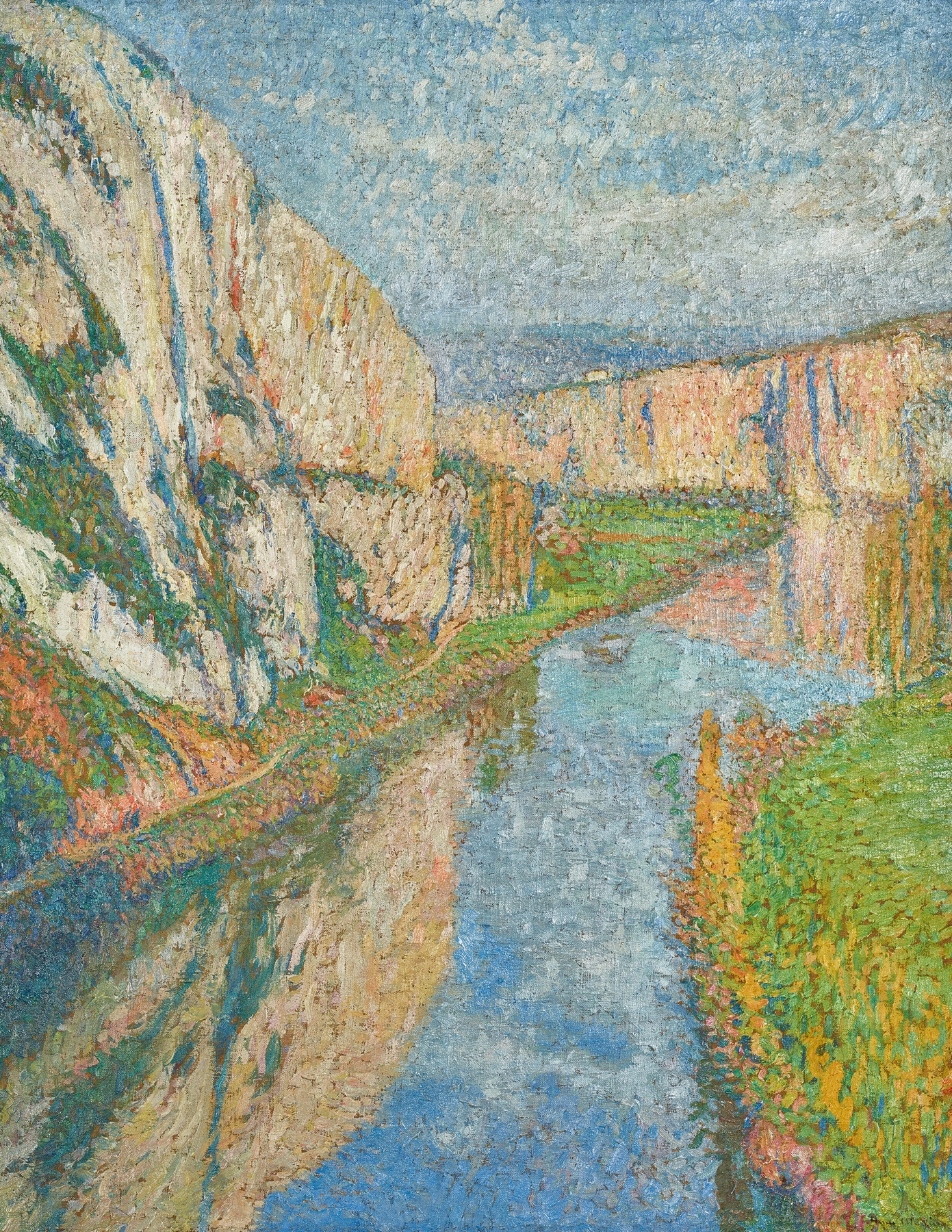 Landscape of fields and cliffs in Le lot aux pieds des falaises de Saint-Cirq-Lapopie by Henri Martin, oil painting.
