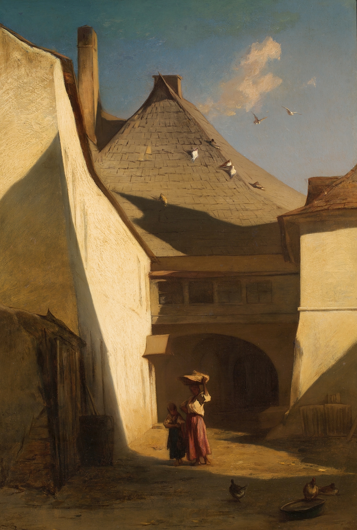 Ungarischer Bauernhof by Johann Gualbert Raffalt, oil painting depicting a rural landscape with a barn.
