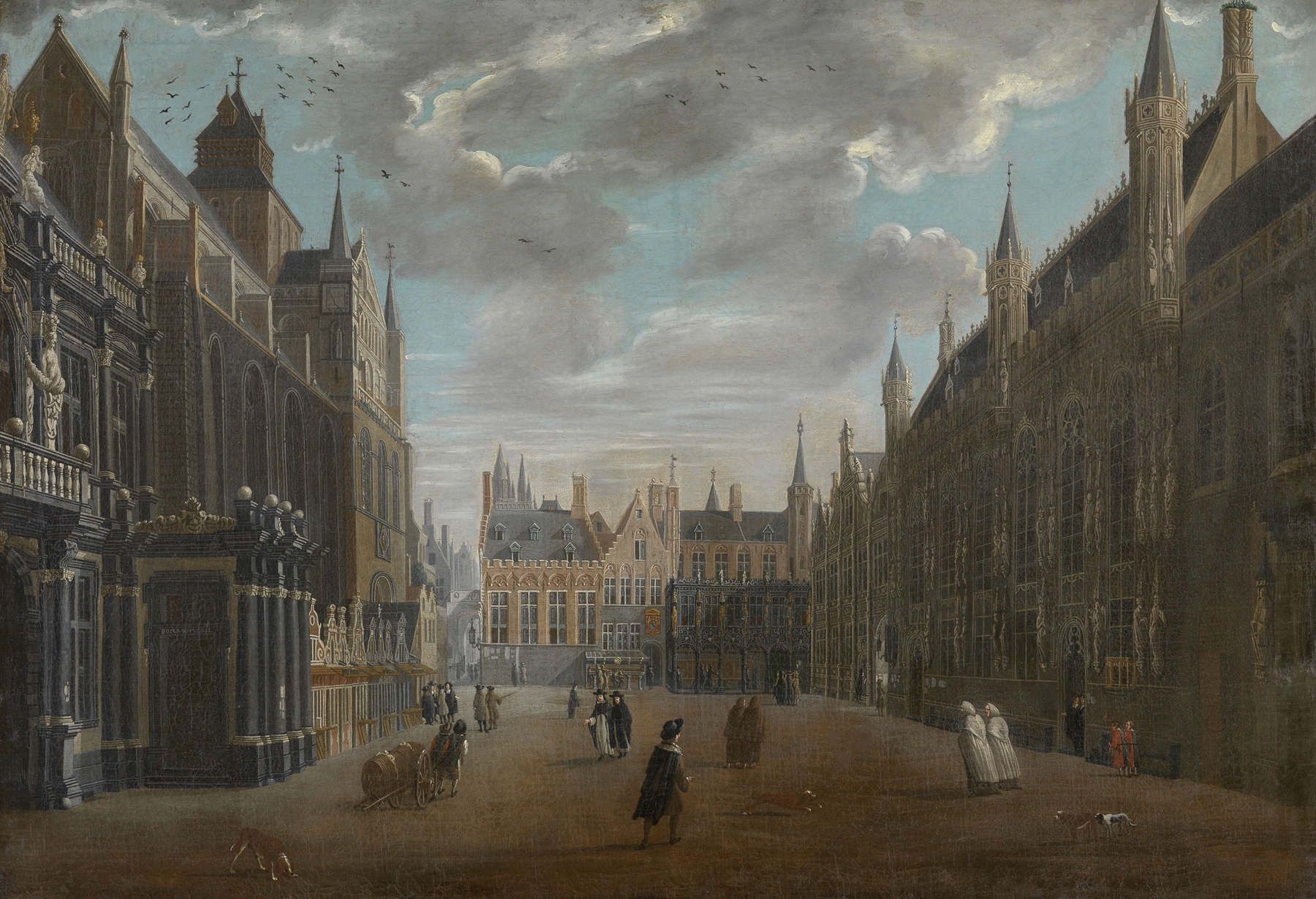 The Burg in Bruges by Jan Baptist van Meunincxhove, oil painting depicting majestic buildings in golden light.