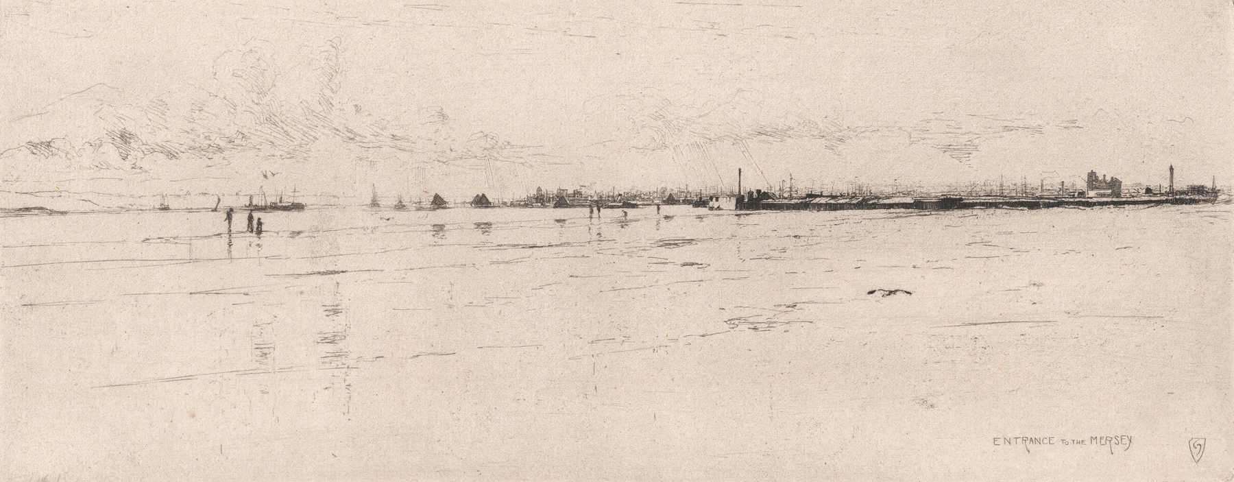 Entrance to Mersey by Sir Frank Short, an impressionist marine scene, oil painting with sunlight reflecting on water.