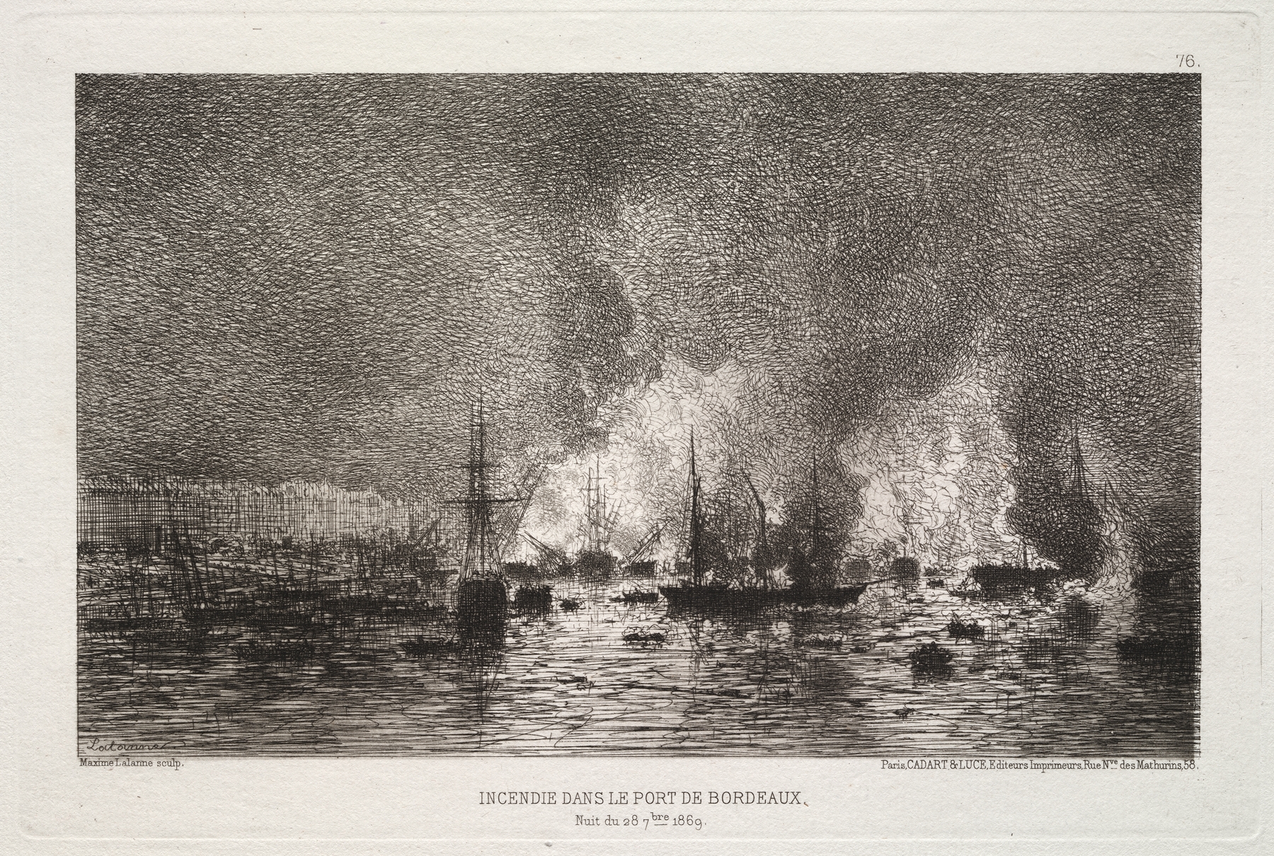 Conflagration in the Port of Bordeaux by Maxime Lalanne, oil painting depicting ships in a fiery sky.