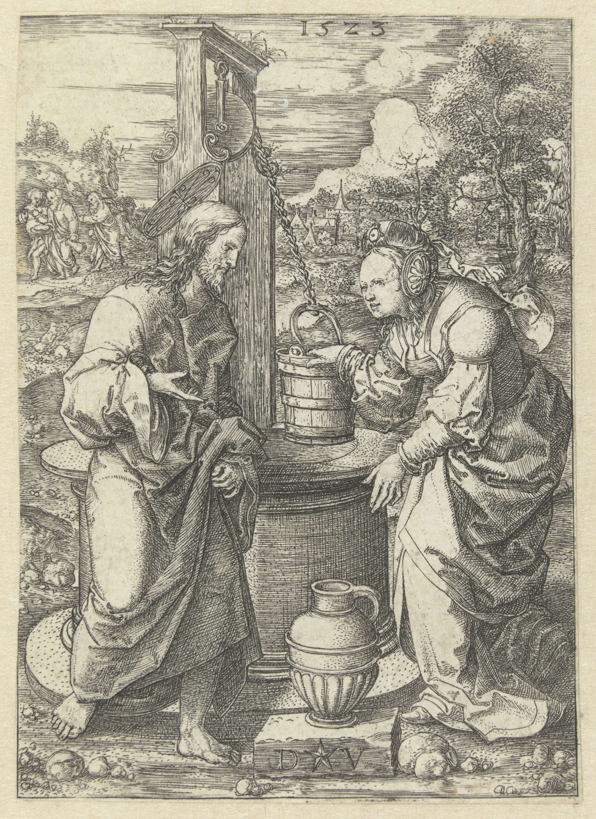 Engraving by Dirck Vellert depicting Christ conversing with the Samaritan woman