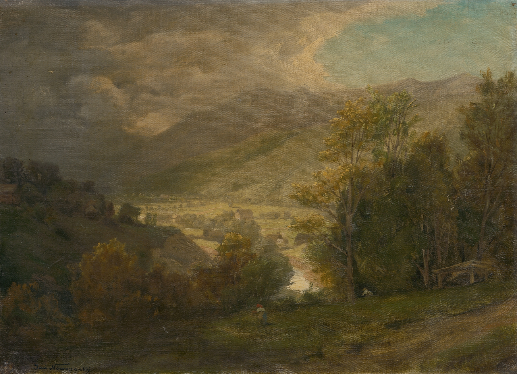 Mountain Valley by Jan Nowopacký, oil painting depicting a serene landscape with mountains and a valley.