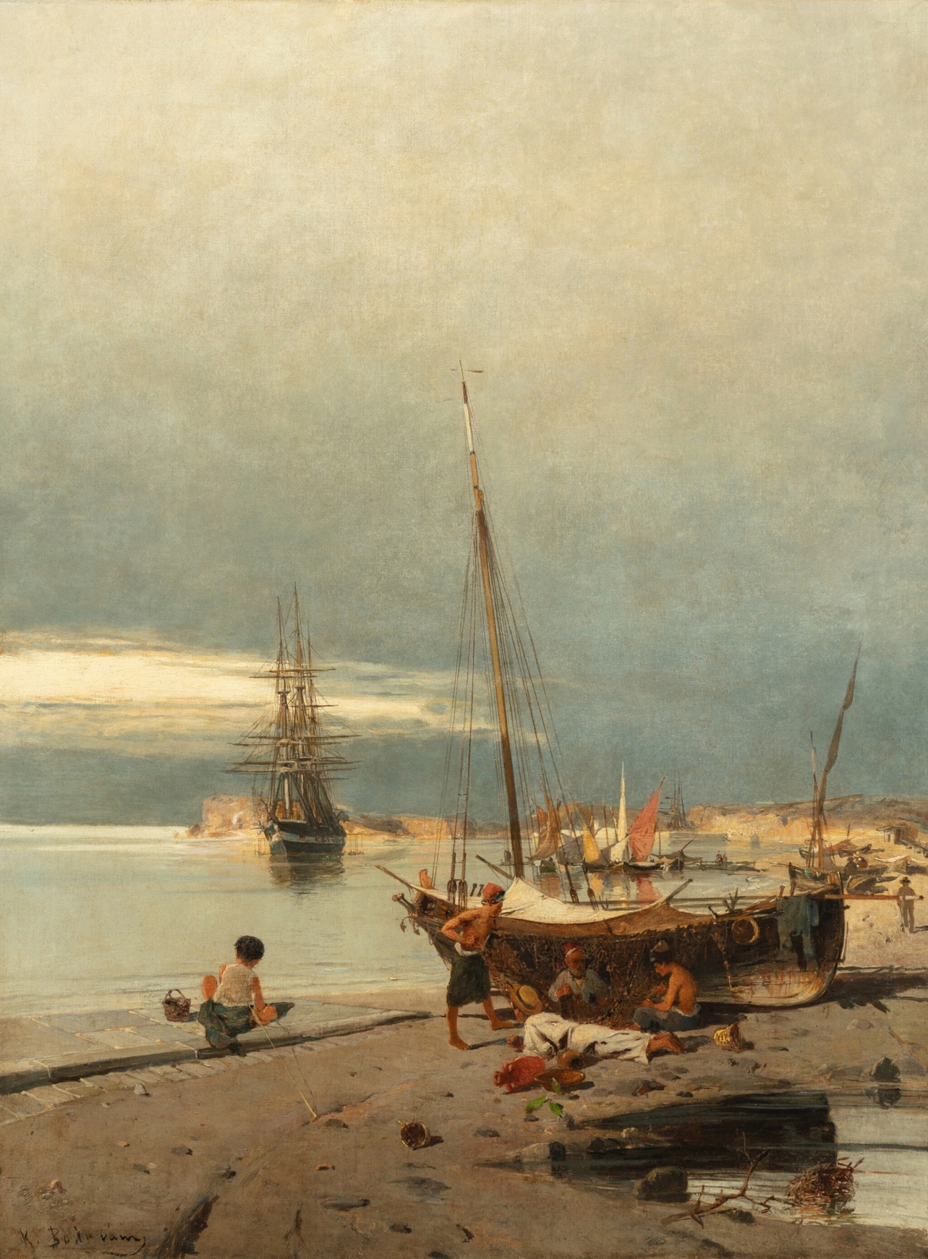 A Greek harbor by Konstantinos Volanakis, oil painting depicting boats on a tranquil sea.