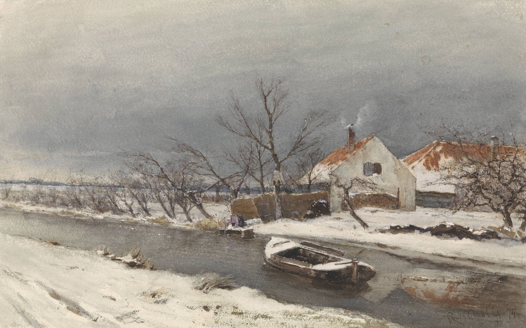 Winter landscape with houses by a river, oil painting by Louis Apol
