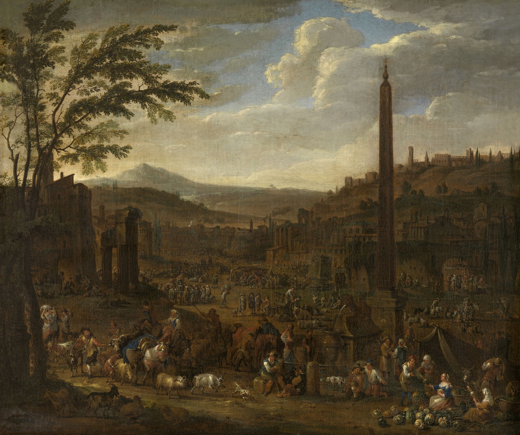 Genre scene with market vendors and figures under the Italian sun, oil painting by Peeter van Bredael.