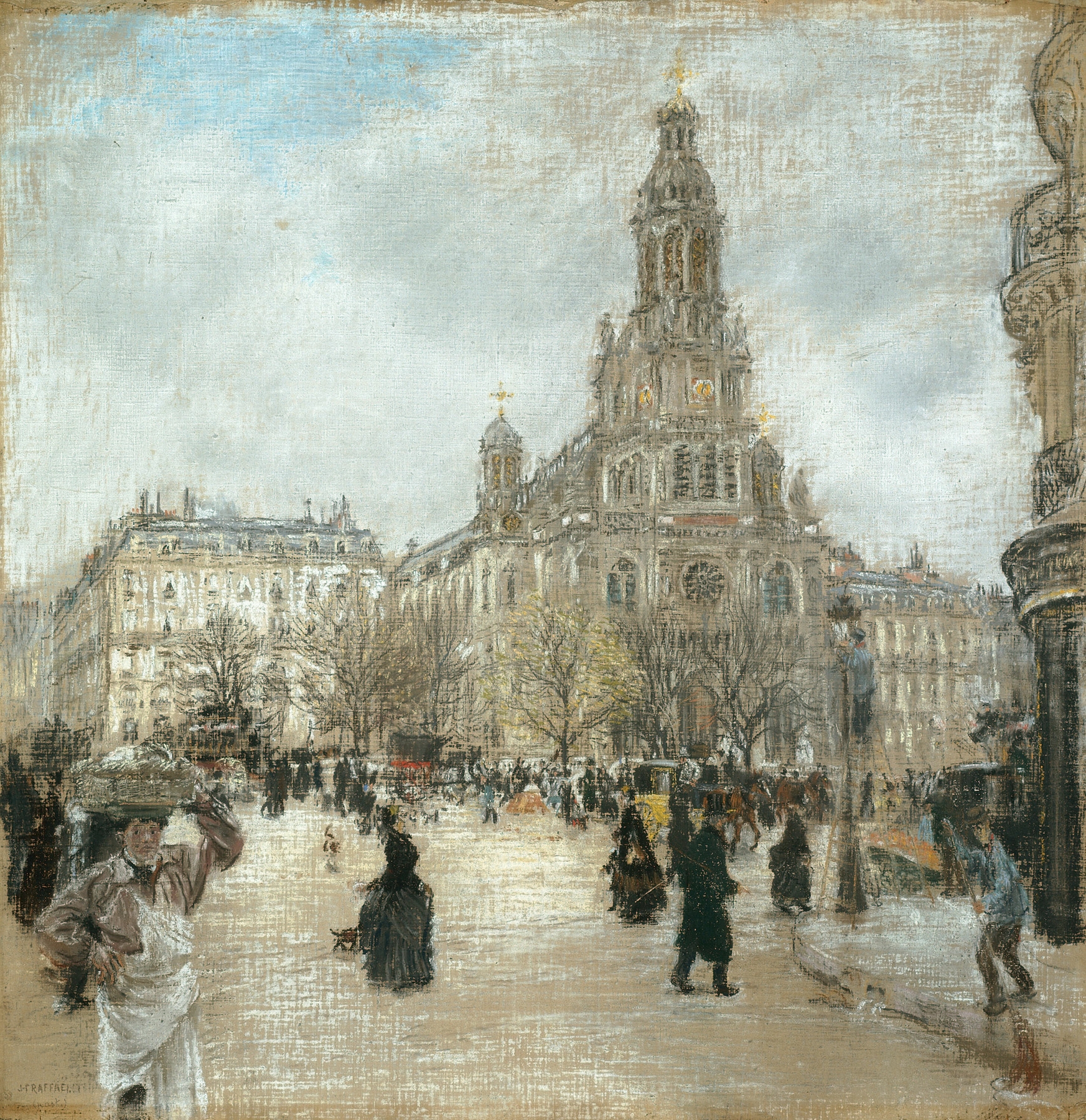 Place de la Trinité, Paris by Jean François Raffaëlli, oil painting depicting a church in urban light.