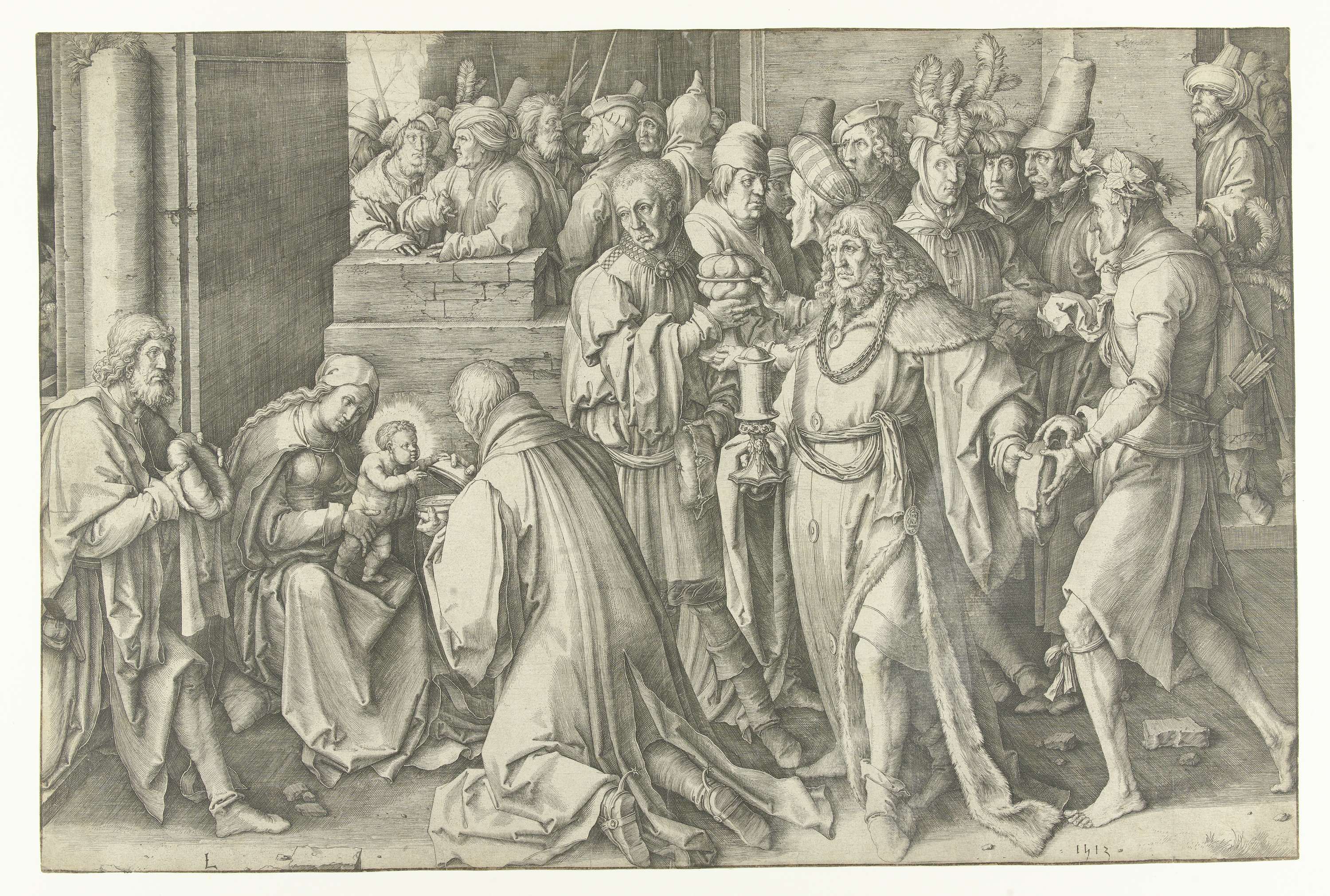 Engraving by Lucas van Leyden showing three kings adoring the infant Christ
