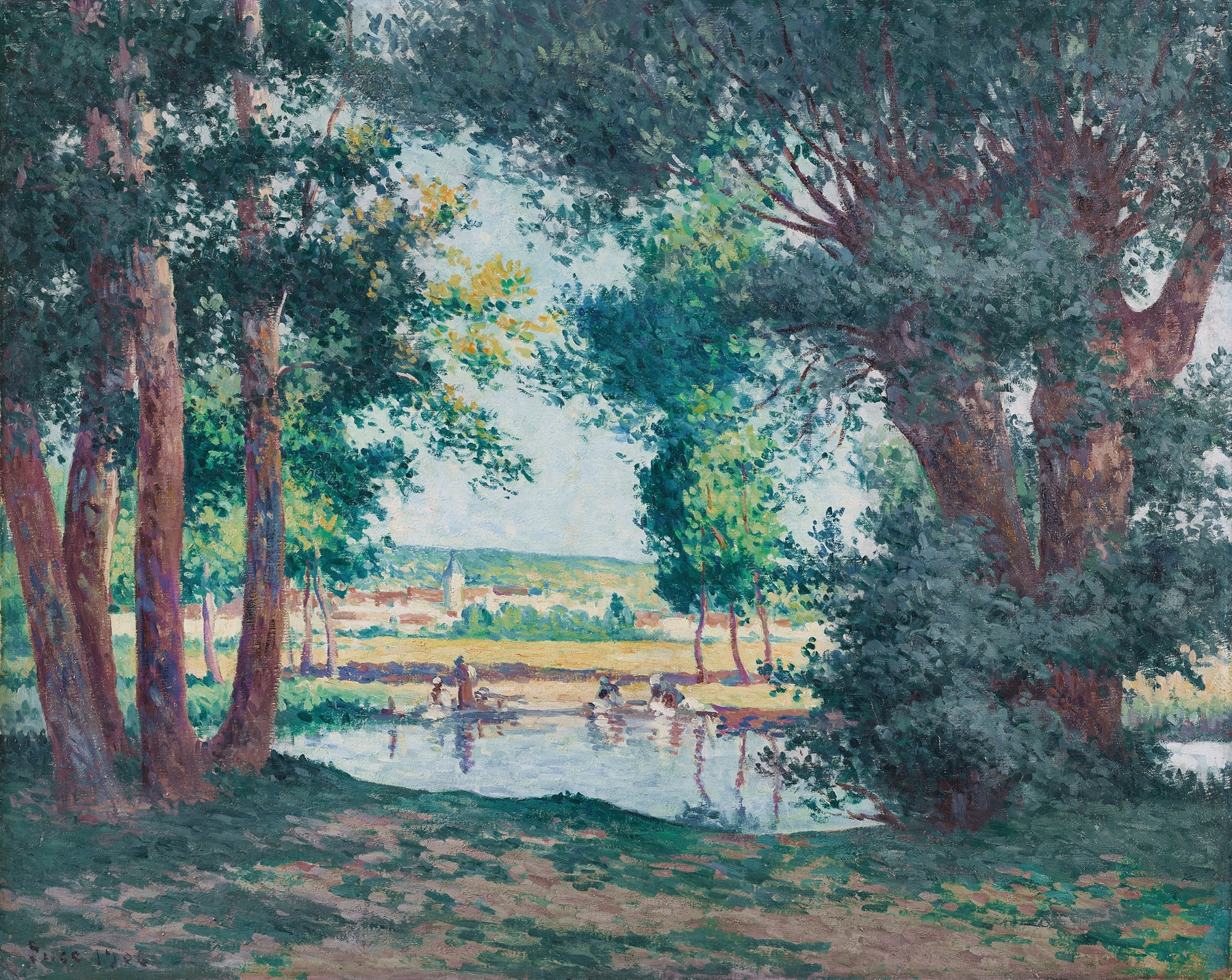 Genre scene of women doing laundry by the river, oil painting by Maximilien Luce.