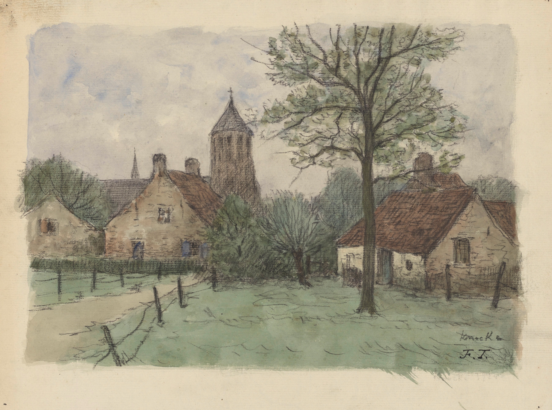 Village landscape with church, oil painting by Jean-François Taelemans