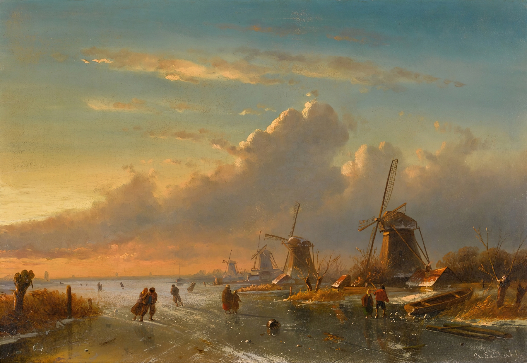 Ice skaters glide on ice at sunset, oil painting by Charles Leickert