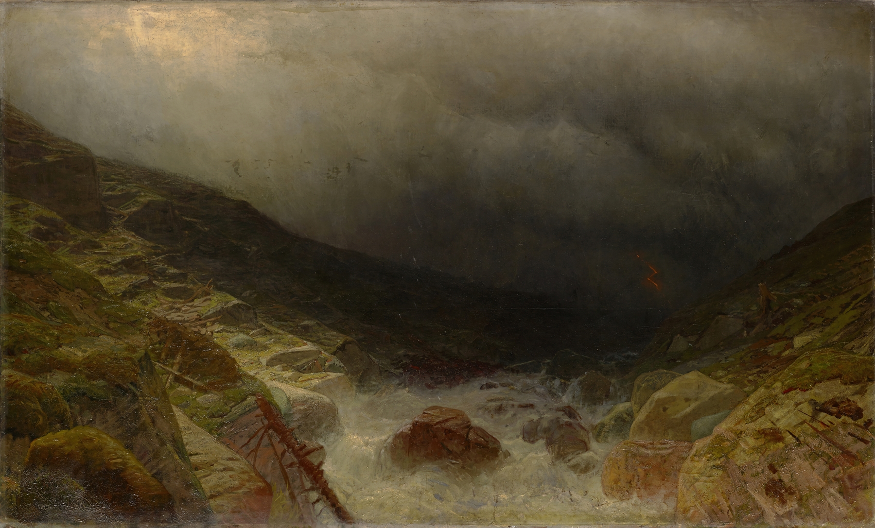 Landscape oil painting by Albert Gos depicting a storm in Sefinen Valley