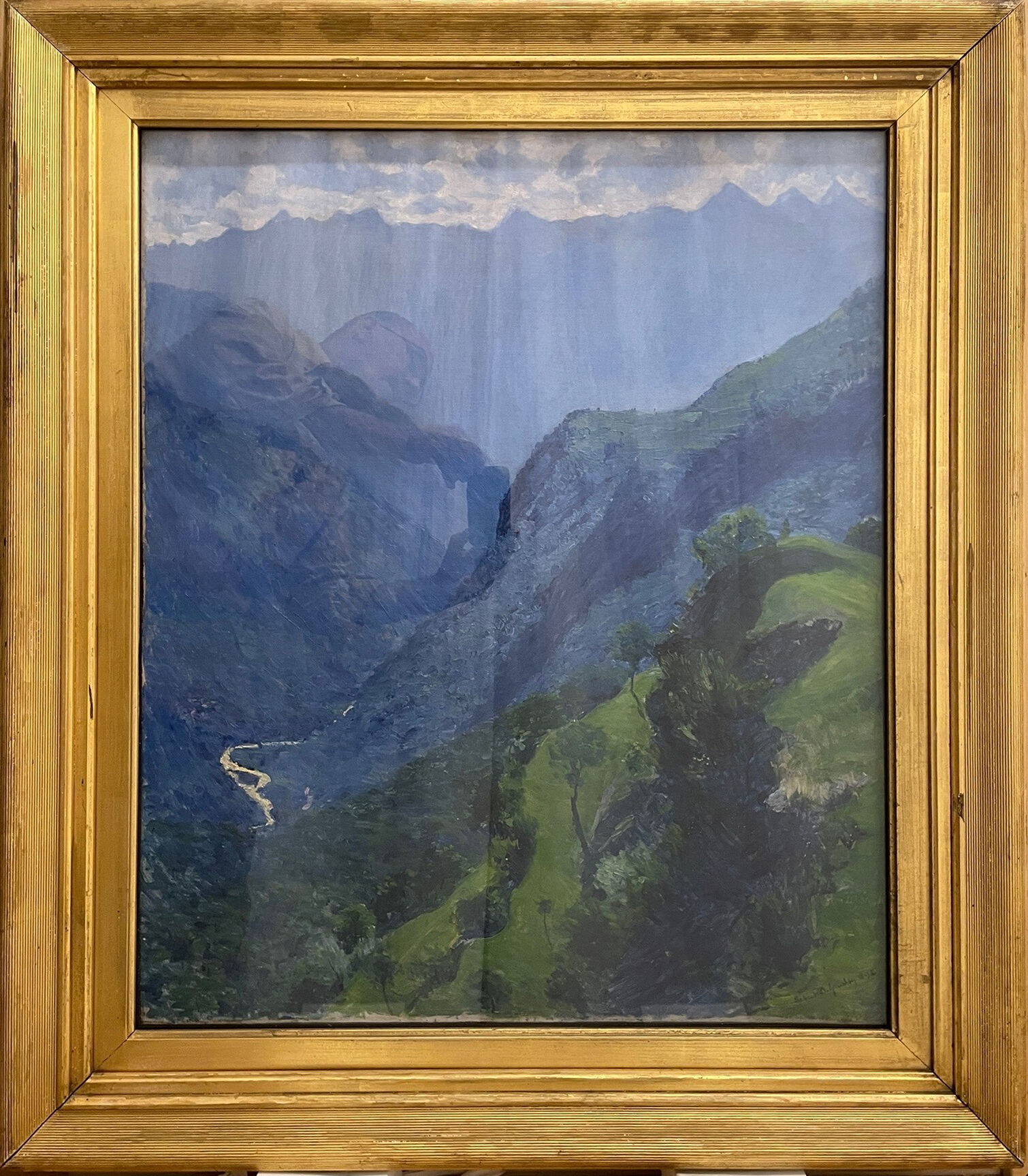 Mountain Pass oil painting by Robert David Gauley featuring jagged peaks and a pastel sky.