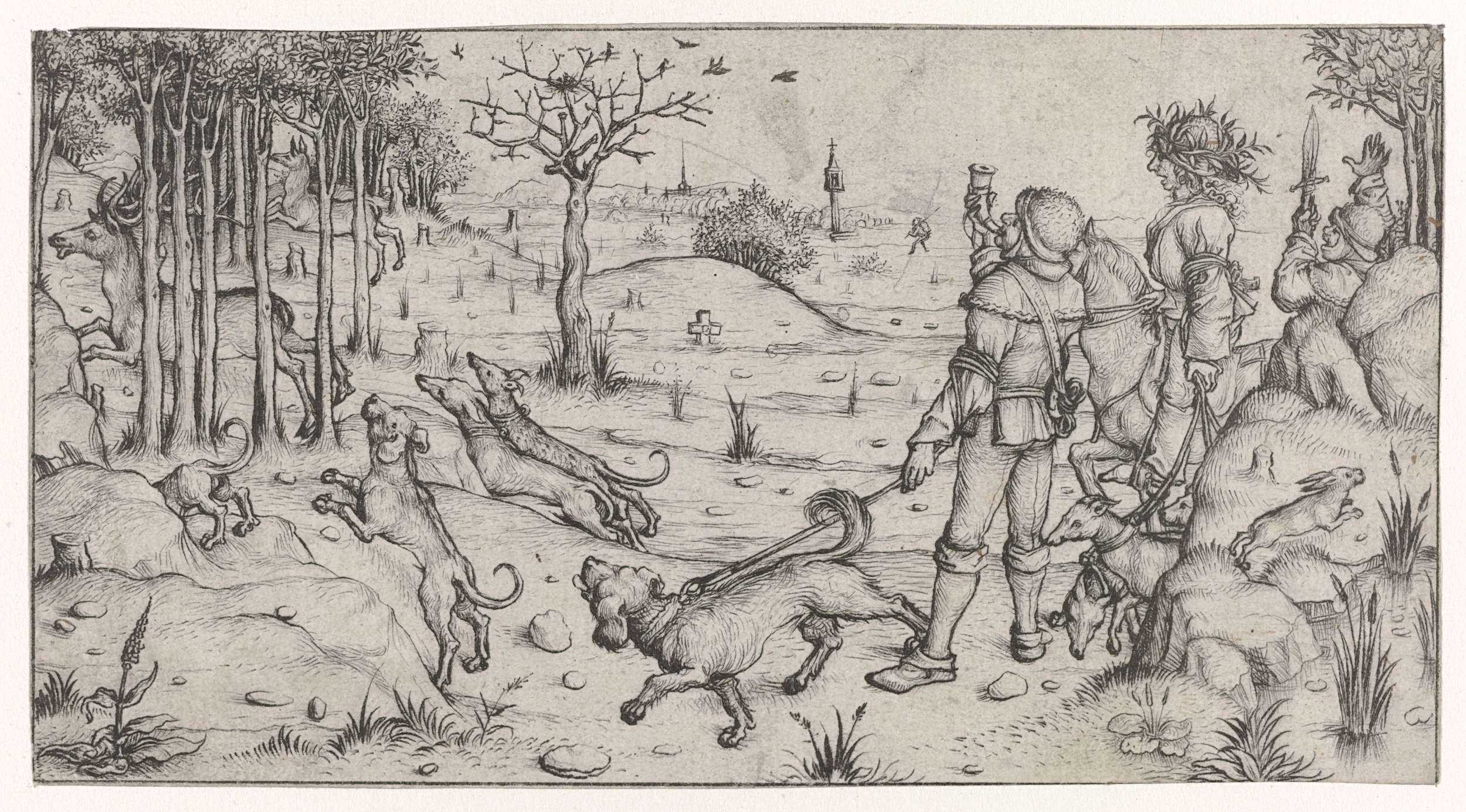 Hertenjacht by Meester van het Amsterdamse Kabinet, drypoint depicting a hunting scene with deer.