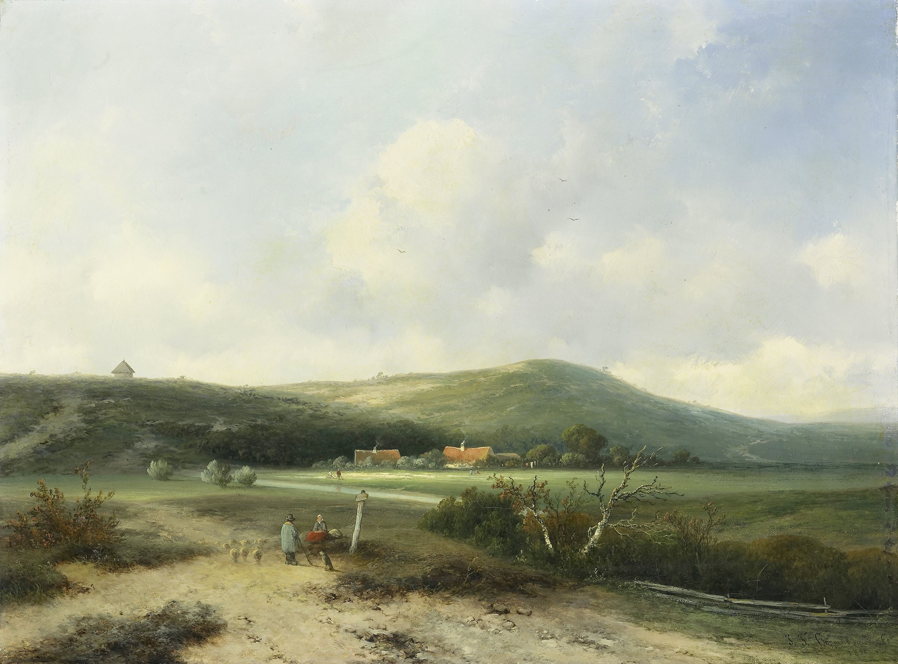 View in the Dunes by Johannes Franciscus Hoppenbrouwers, oil painting depicting soft dunes and a pale sky.